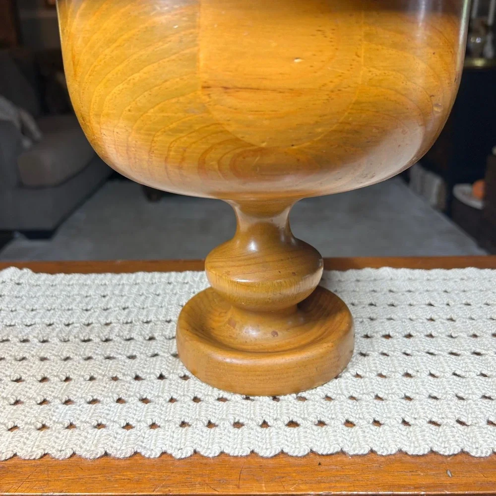 Vintage Handcrafted Wooden Pedestal Bowl Footed Compote Centerpiece Honey Finish